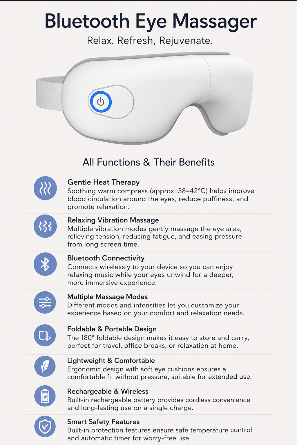 Bluetooth Eye Massager with Heat & Vibration